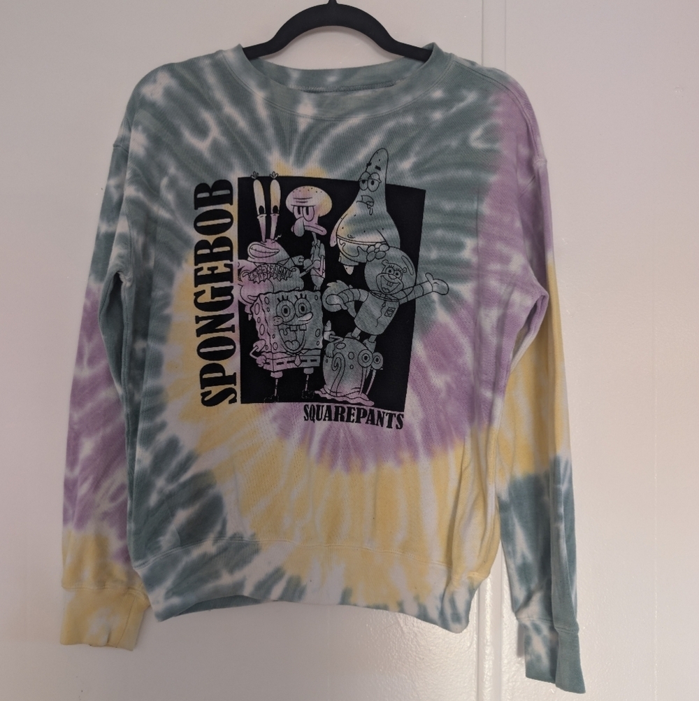 SpongeBob Squarepants Tie-Dye Crew Neck Sweater - Green, Purple, Yellow